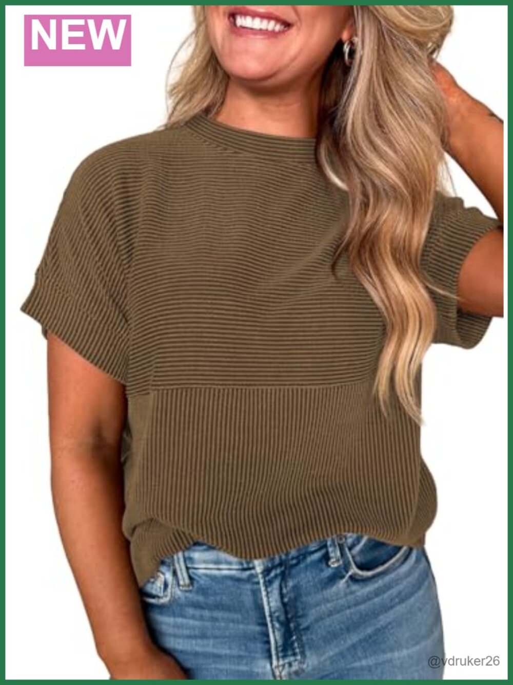 Womens Short Sleeve Ribbed Striped Crewneck T-Shirt Loose Fit Tee